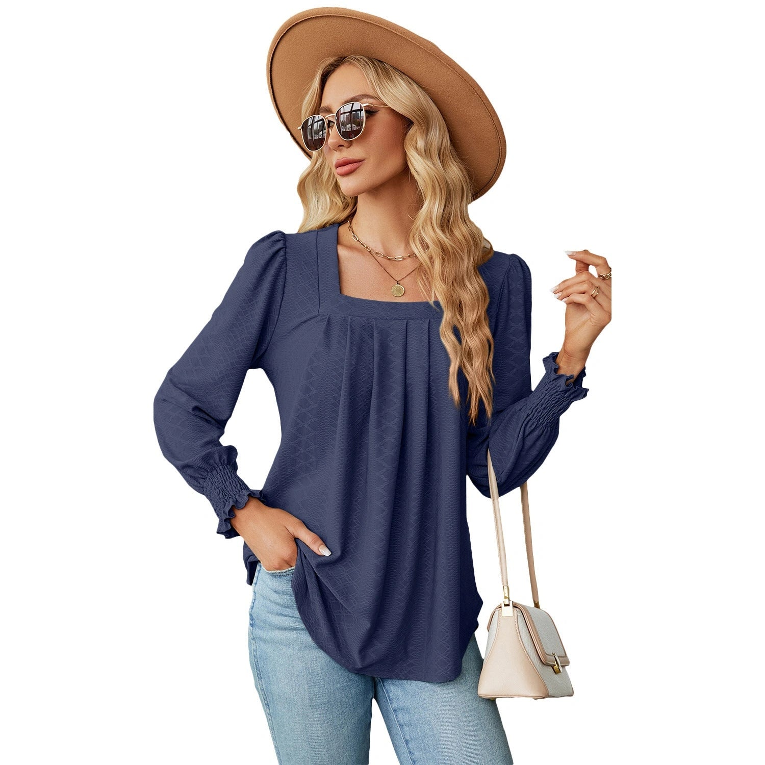 Jacquard Pleated Square Neck T-shirt with Long Sleeves