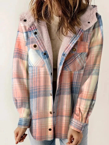 Casual Plaid Hooded Woolen Coat with Thickened Fleece Lining