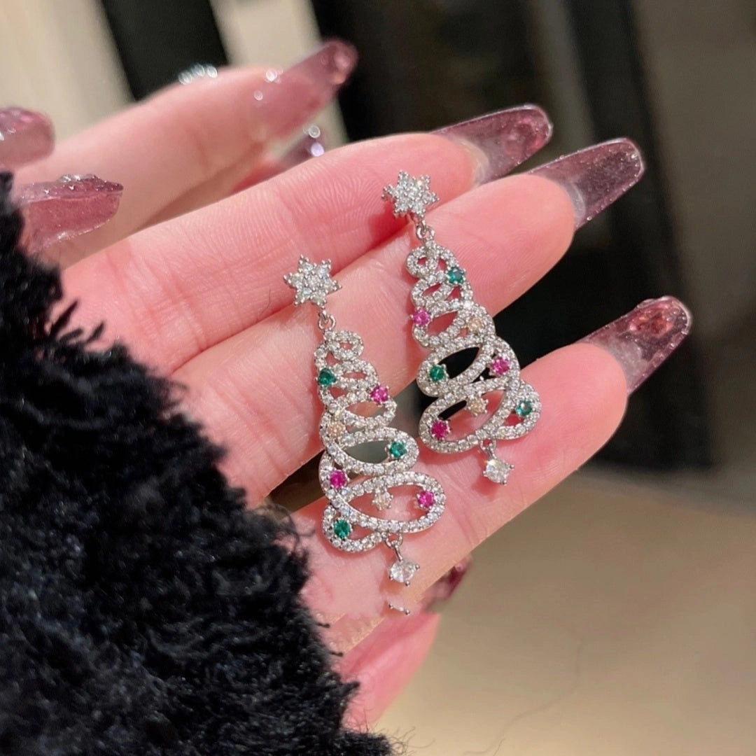 Christmas Tree Tassel Earrings with Colourful Zircon Inlays for Women