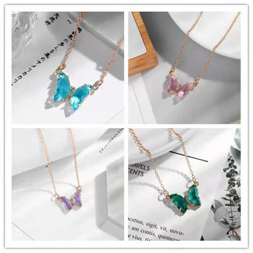 Girl Fantasy Glass Crystal Butterfly Necklace with Water Wave Chain