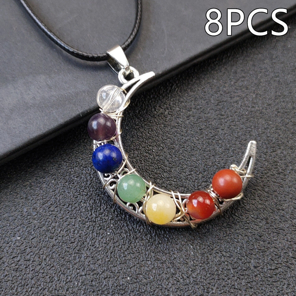 Seven Chakras Crystal Moon Pentagram Necklace