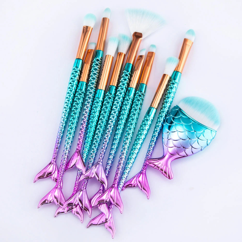 11-piece Mermaid Themed Makeup Brush Set with Synthetic Fibres