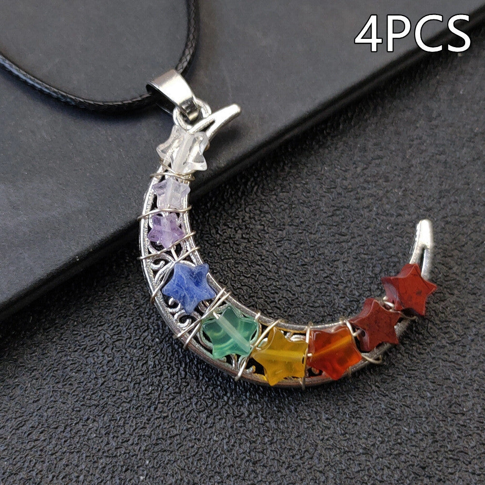 Seven Chakras Crystal Moon Pentagram Necklace