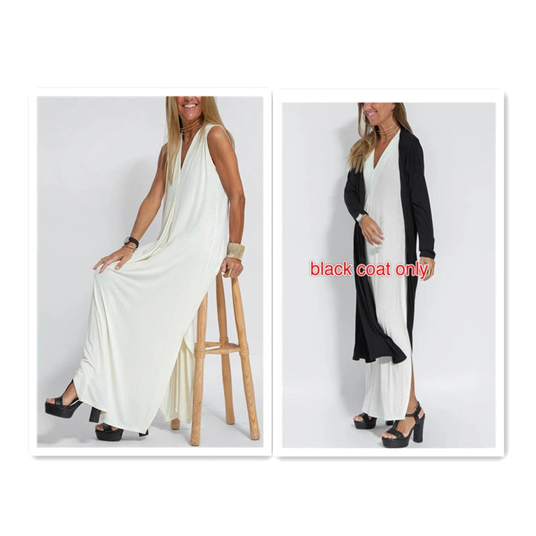 Stylish Women's V-neck Sleeveless Dress with Long Cardigan