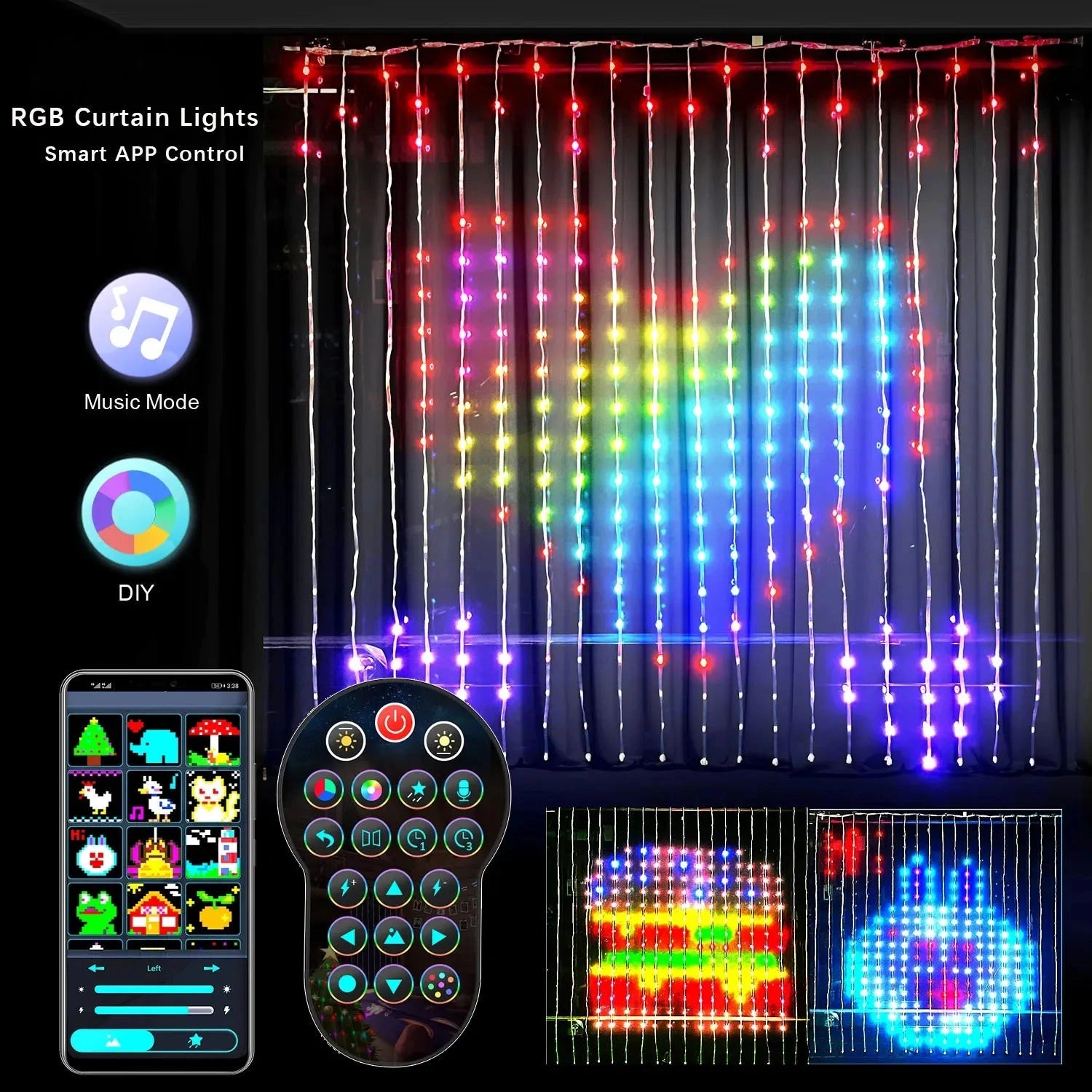 Smart LED RGB Curtain String Lights with Bluetooth APP Control