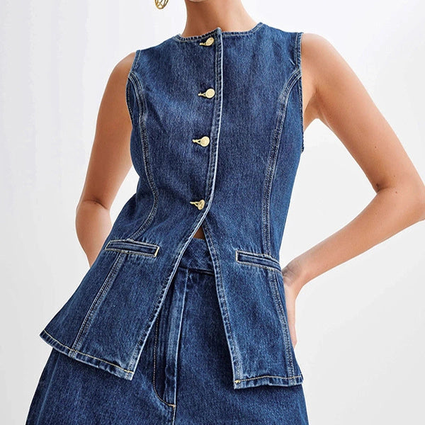 Stylish Denim Vest and High Waist Shorts Set for Women
