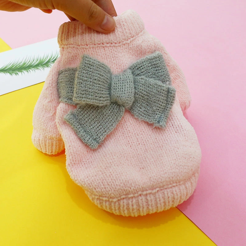 Bowknot Hollow Knit Dog Sweater with Lattice Pattern
