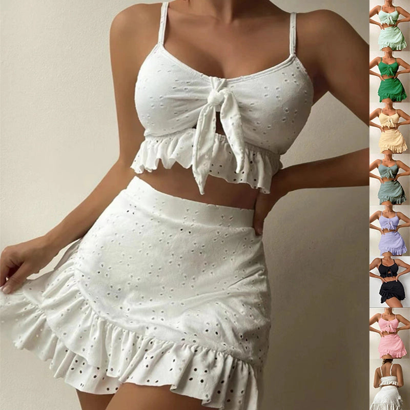 3-piece Beach Bikini Set with Hip-hugging Skirt and Ruffle Design