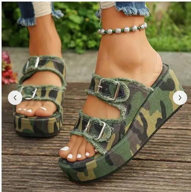 Denim buckle wedges sandals with thick bottom for women
