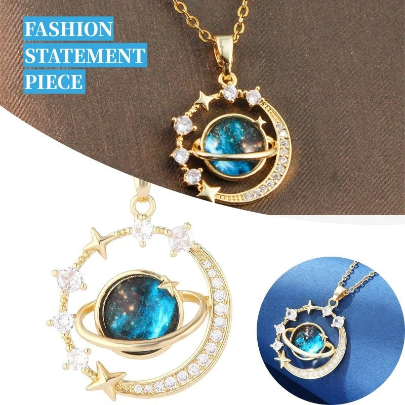 Stainless Steel Starry Sky Planet Astronaut Necklace with Rhinestone Pendant