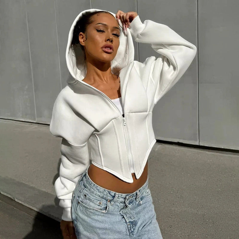 Slim-fit Zipper Hoodie Cardigan with Long Sleeves for Women