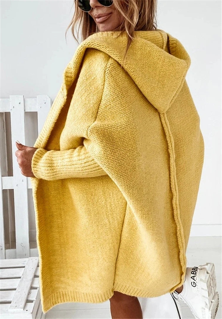 Bat sleeve hooded cardigan in sheep wool blend for women