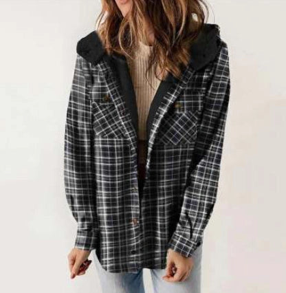 Casual Plaid Hooded Woolen Coat with Thickened Fleece Lining