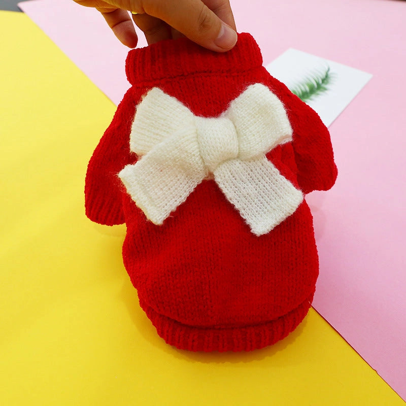 Bowknot Hollow Knit Dog Sweater with Lattice Pattern