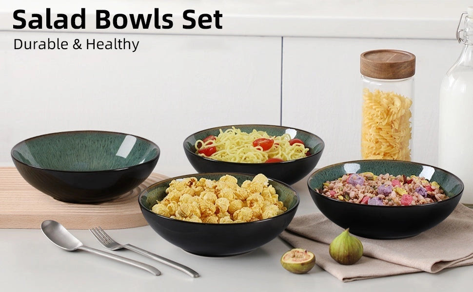 Ceramic Peacock Green Bowl Set, 30oz, Kiln Change Finish, Dishwasher Safe