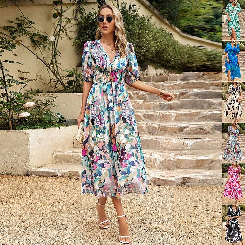 Stylish V-neck Printed Summer Beach Dress for Women