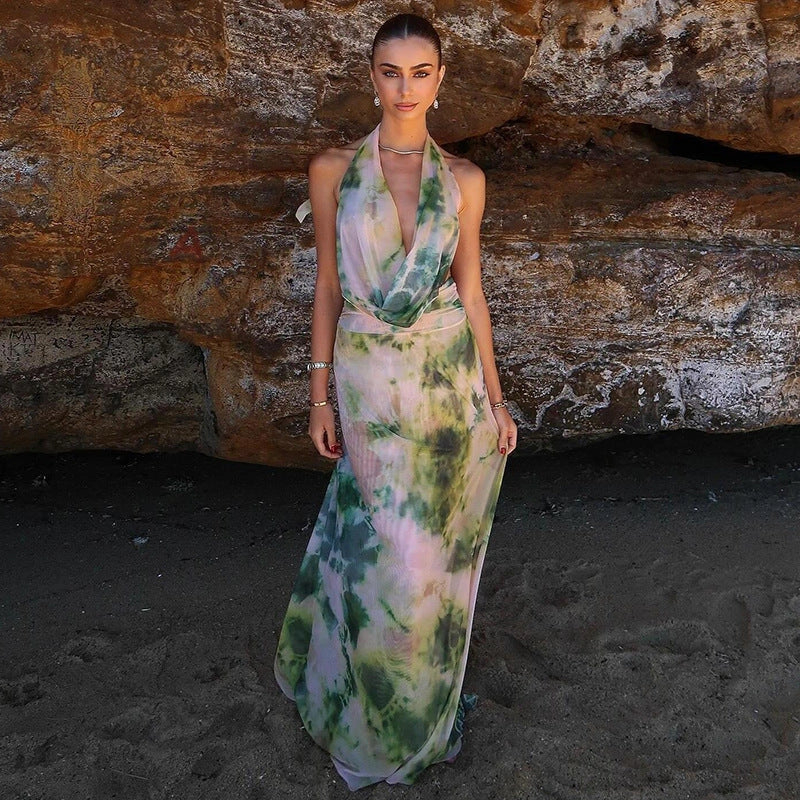 Tie Dye Printing Deep V-neck Halter Backless Long Dresses Set for Women