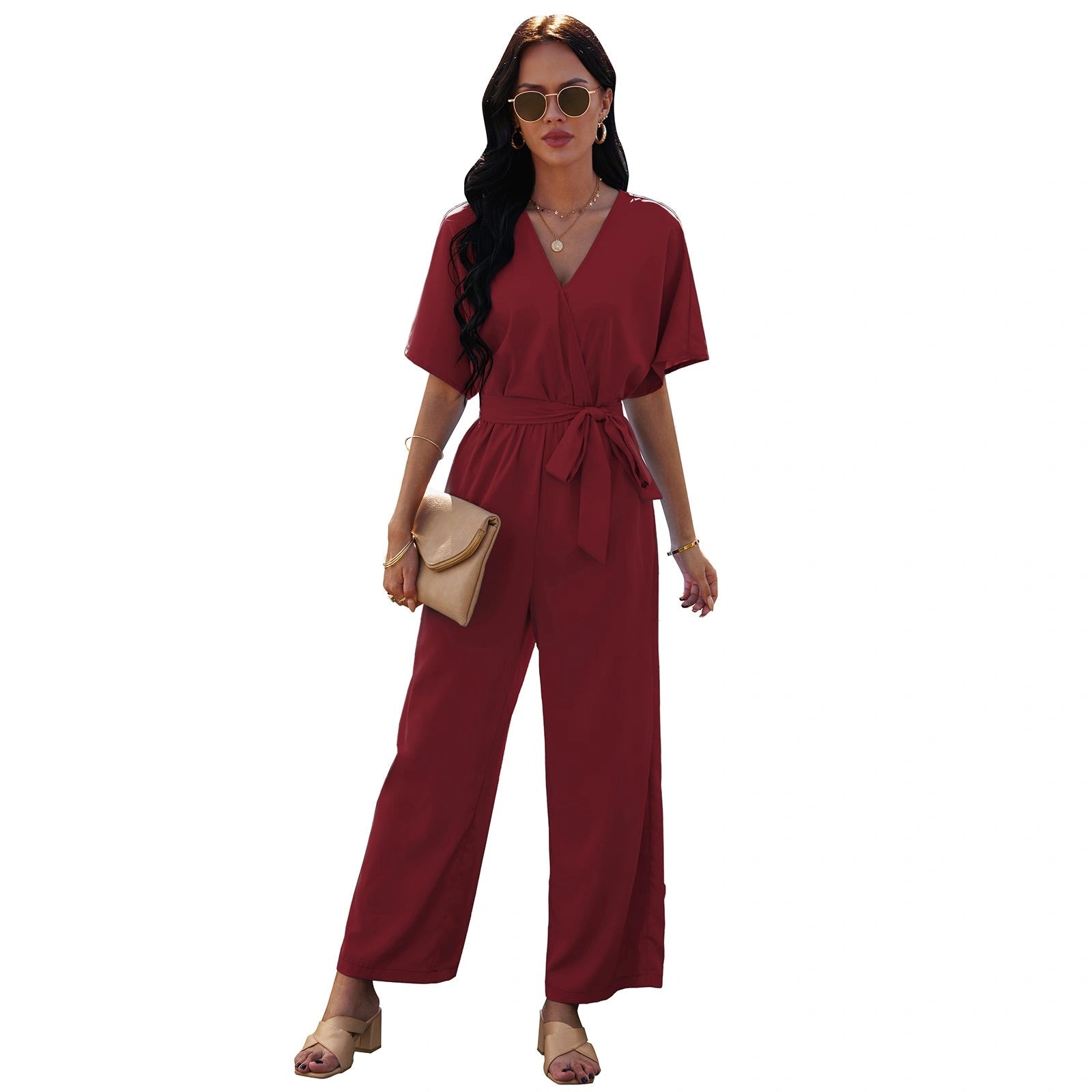 V-neck Women's Tie Waist Jumpsuit in Solid Colours