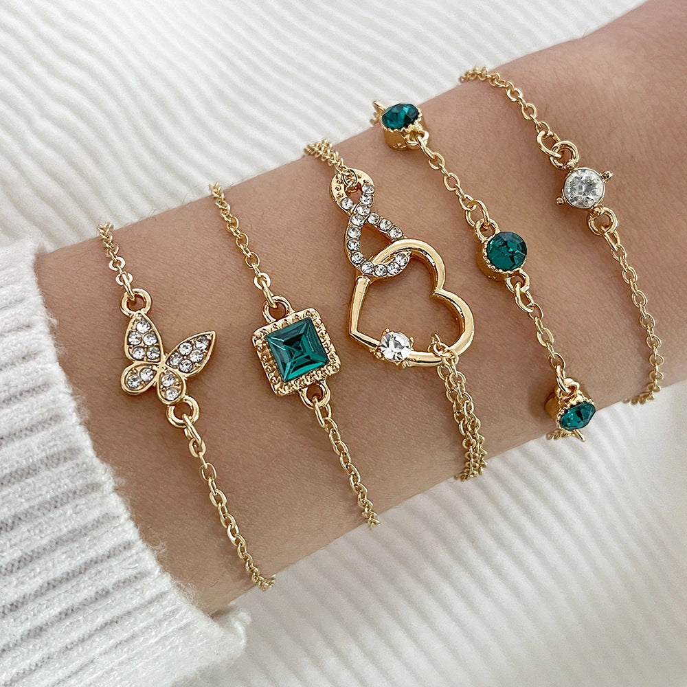 Bohemian 5-Piece Green Crystal Bracelet Set for Women
