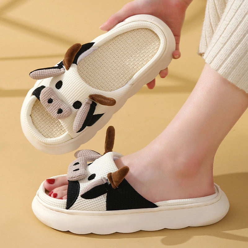 Cartoon Cow Frog Linen Slippers with Non-slip PVC Sole