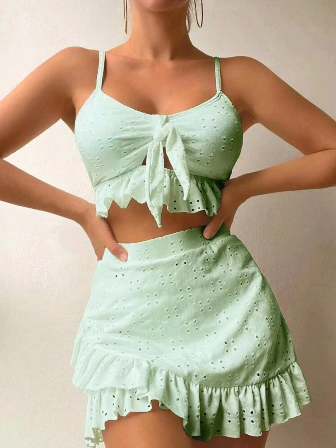 3-piece Beach Bikini Set with Hip-hugging Skirt and Ruffle Design