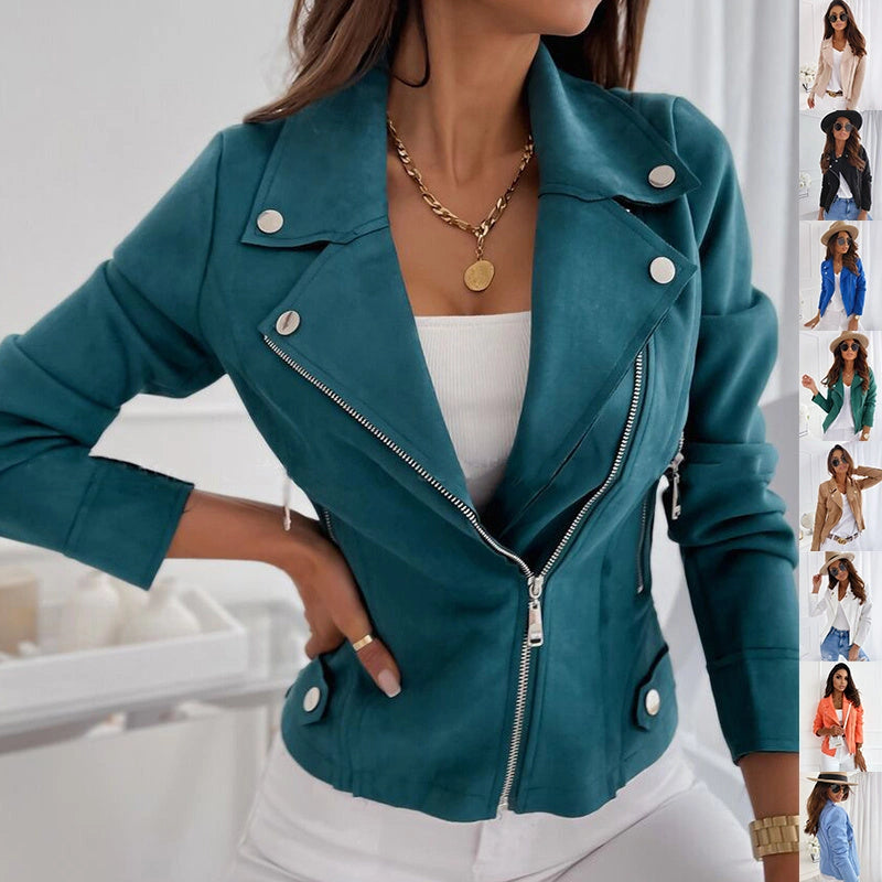 Stylish Women's Zip-Up Lapel Jacket with Pockets