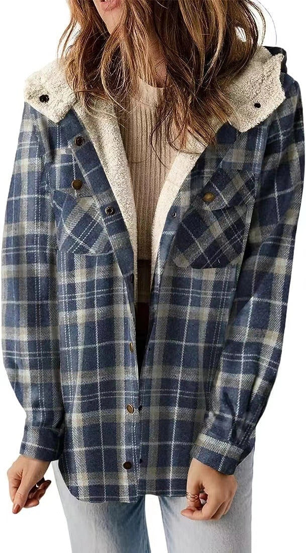 Casual Plaid Hooded Woolen Coat with Thickened Fleece Lining