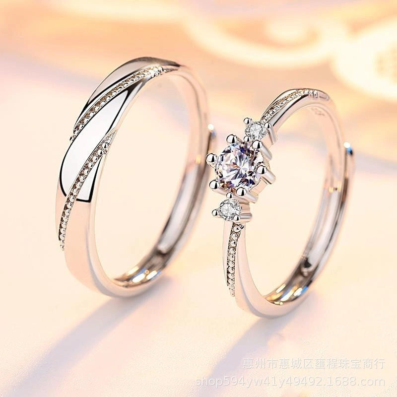 Adjustable Sterling Silver Couple Rings with Gold-Plated Inlay