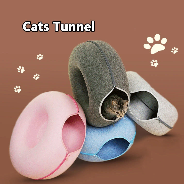 Round Woolen Felt Cat Nest with Dual-use Tunnel for Interactive Play