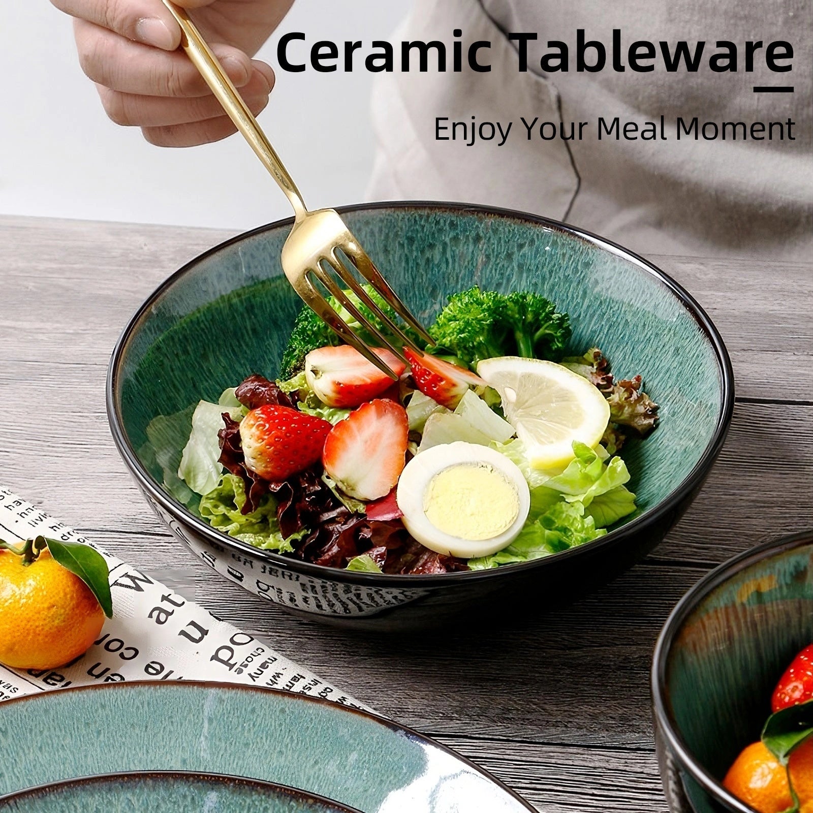 Ceramic Peacock Green Bowl Set, 30oz, Kiln Change Finish, Dishwasher Safe
