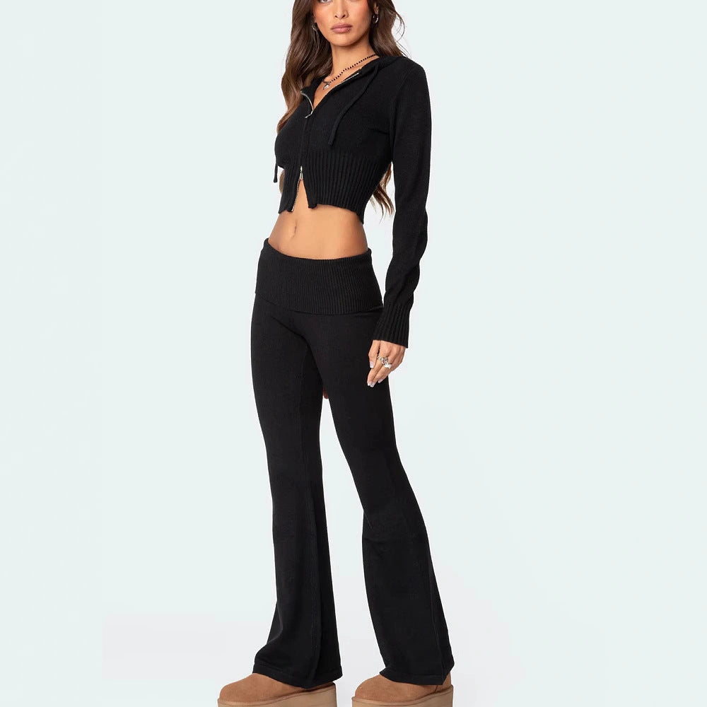 Knitted Hooded Suit with Zipper Cropped Top and Flared Pants for Women