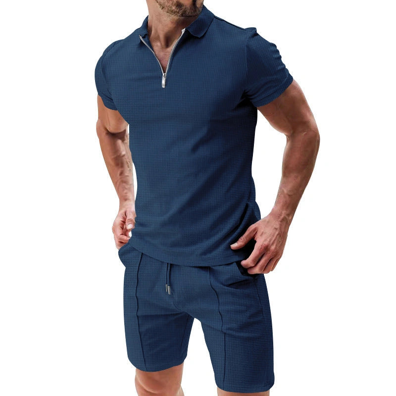 2Pcs Men's Summer Waffle Suit with Zipper Lapel and Drawstring Shorts