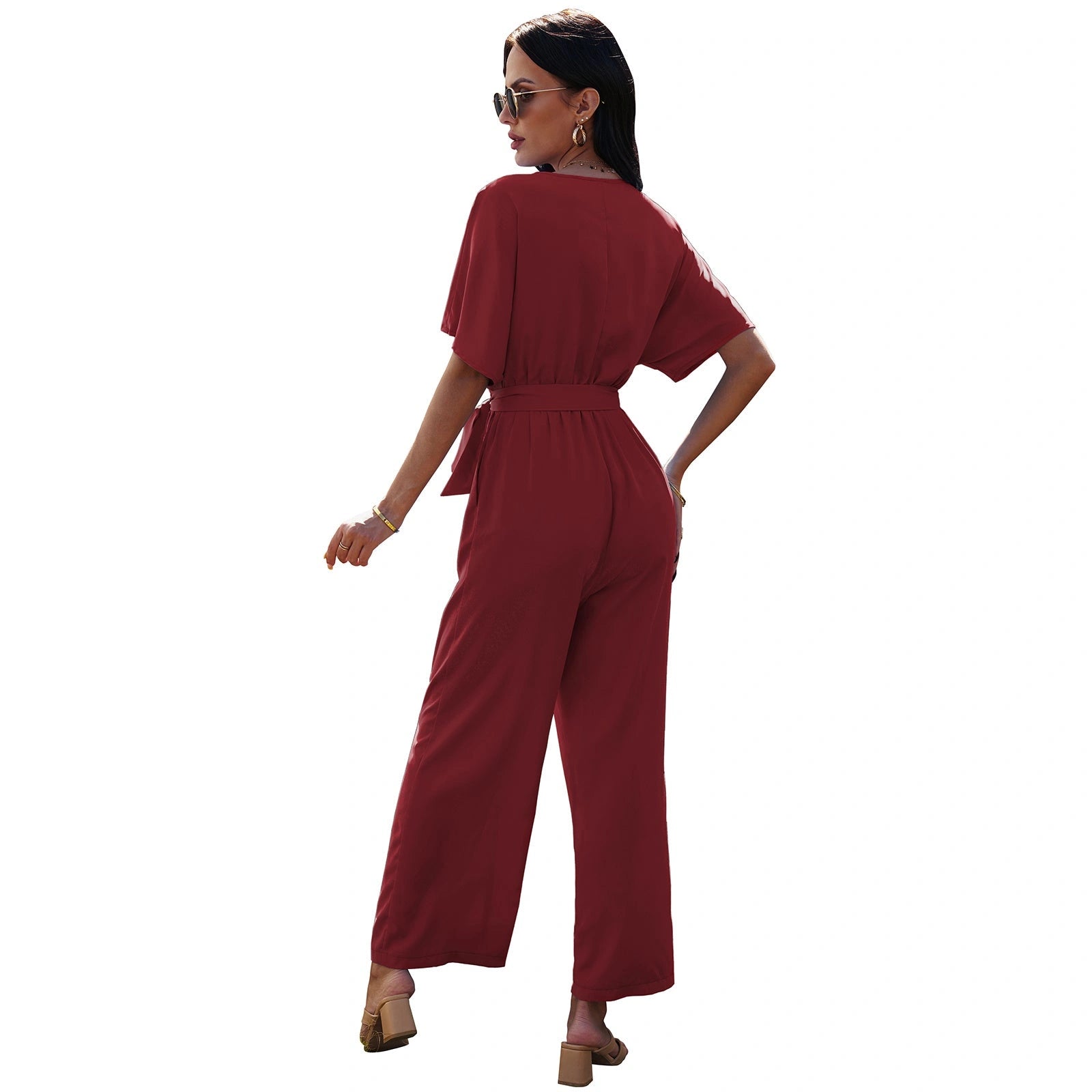 V-neck Women's Tie Waist Jumpsuit in Solid Colours