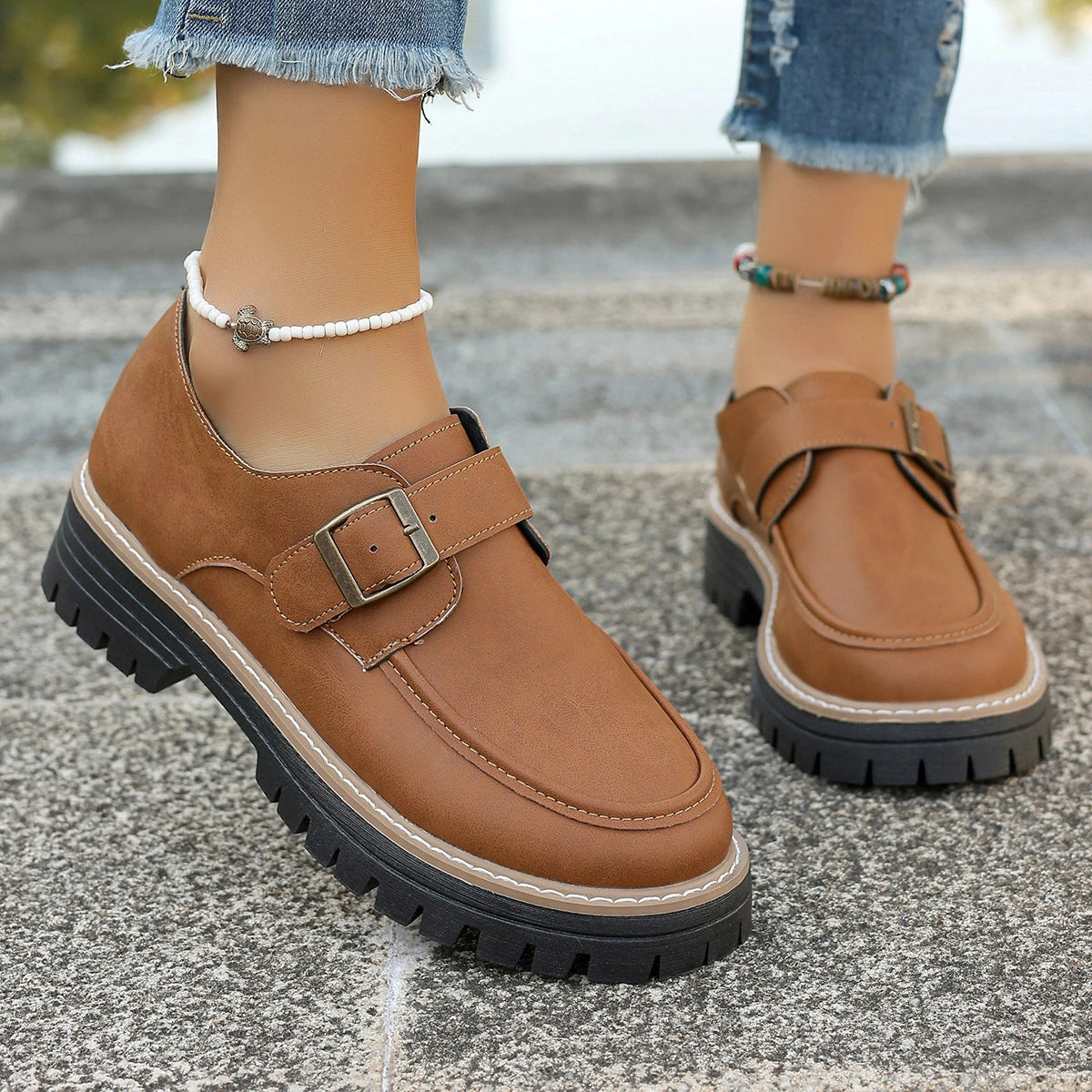British Style Buckle Loafers for Women with Thick Soles