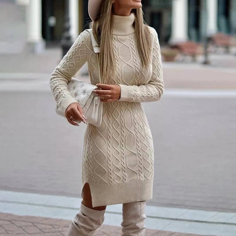 Stylish Turtleneck Knitted Dress with Slit, Winter Warmth