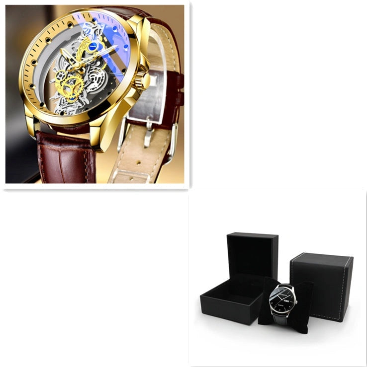 Men's Skeleton Automatic Quartz Watch with Gold Finish and Mineral Glass
