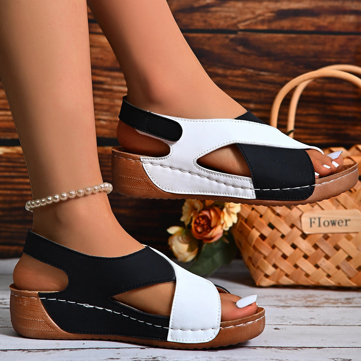 Platform sandals with skirt design and Velcro fastening for beach outings