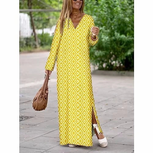 Stylish Geometric Print V-neck Long Dress for Women