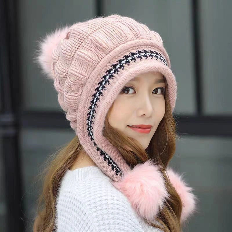 Knit Fleece Beanie with Ear Flaps and Pompom for Winter Warmth