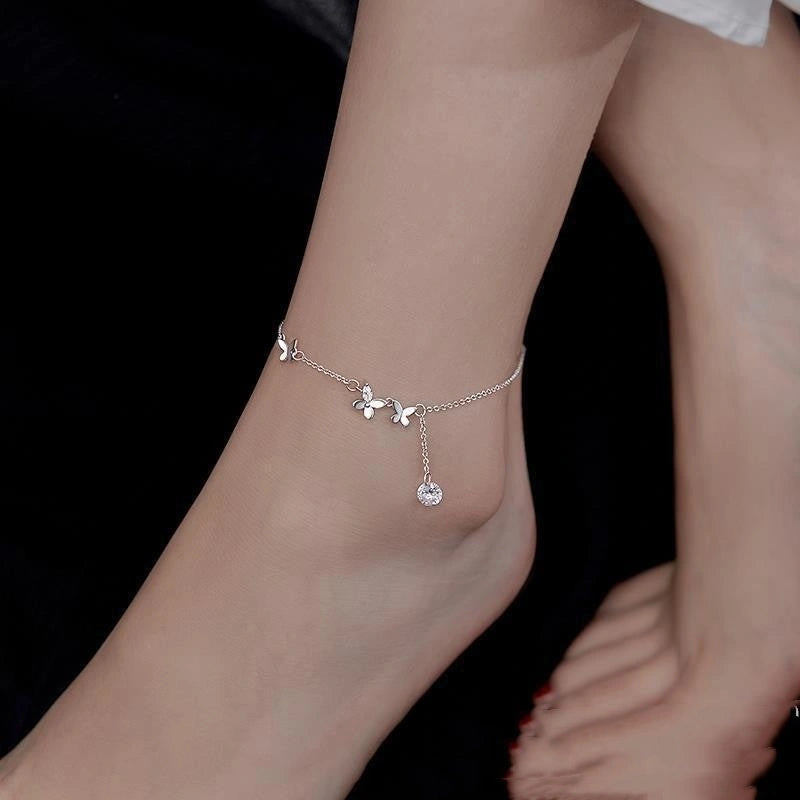 S925 Sterling Silver Butterfly Zircon Anklet with Flower Tassel