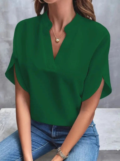 Summer Short-sleeved Chiffon Shirt for Women with V-neck Design