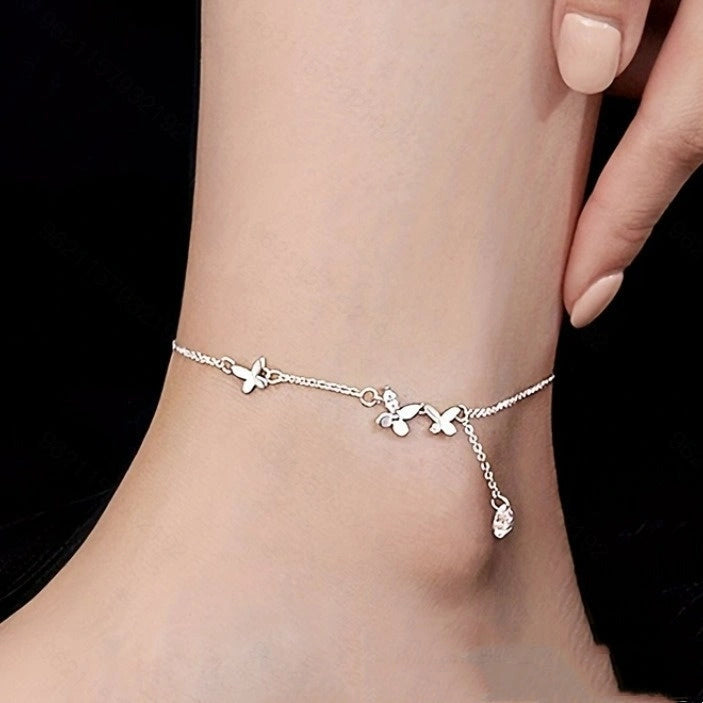 S925 Sterling Silver Butterfly Zircon Anklet with Flower Tassel