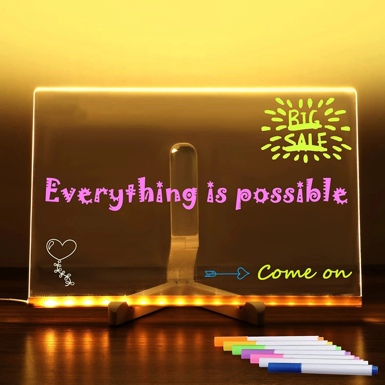 Acrylic DIY Note Board LED Night Light with 7 Pens