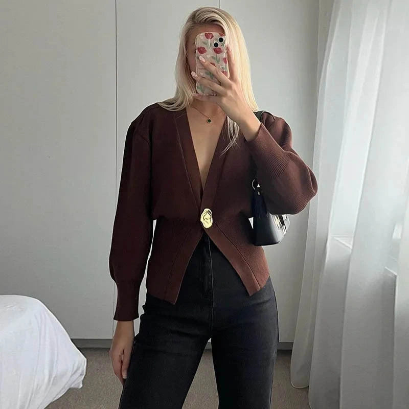 V-neck Button Cardigan Knitted Sweater in Brown and Black for Women