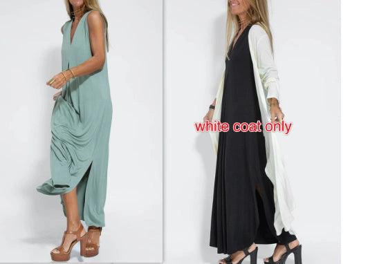 Stylish Women's V-neck Sleeveless Dress with Long Cardigan