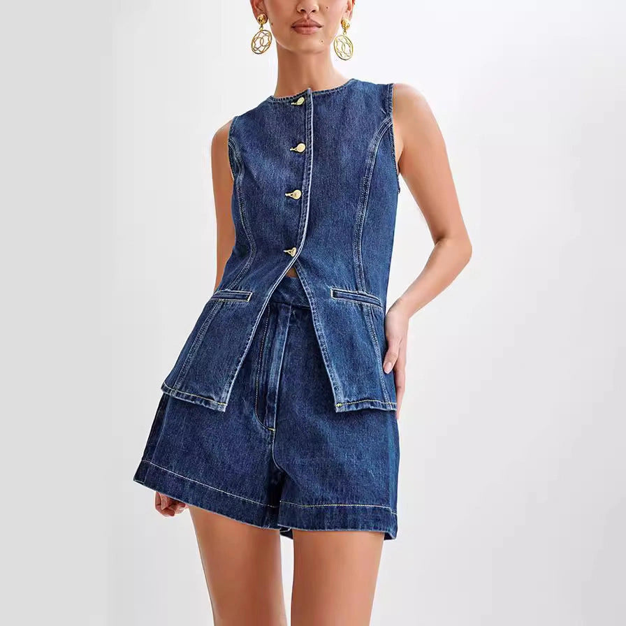Stylish Denim Vest and High Waist Shorts Set for Women