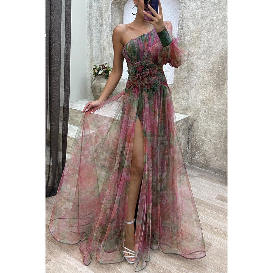 Stylish Mesh Tie-Dye Off-Shoulder Slit Dress for Summer