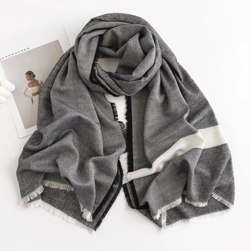 Herringbone Pattern Artificial Cashmere Scarf with Tassel Fringes