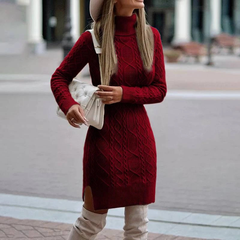 Stylish Turtleneck Knitted Dress with Slit, Winter Warmth