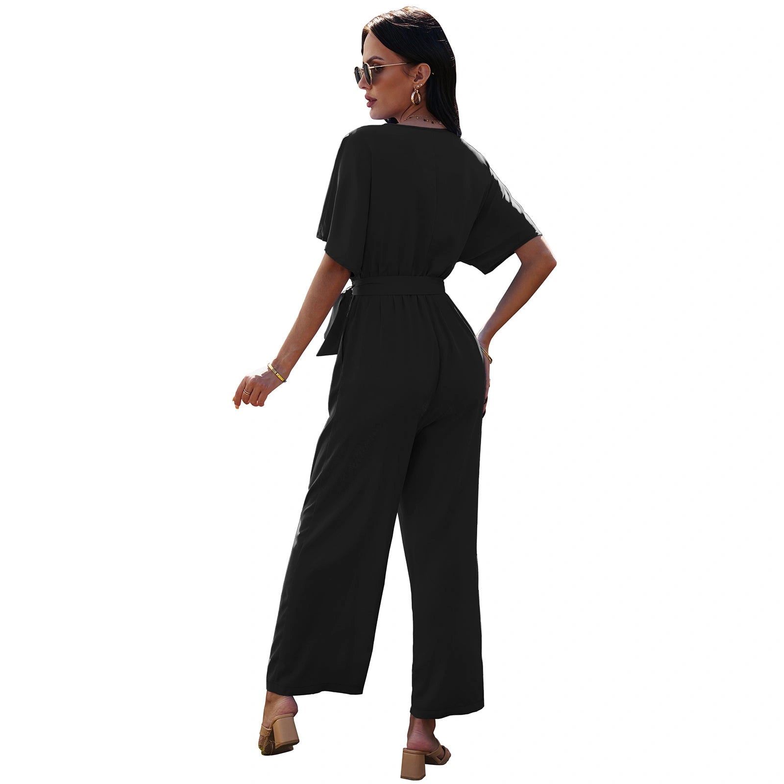 V-neck Women's Tie Waist Jumpsuit in Solid Colours